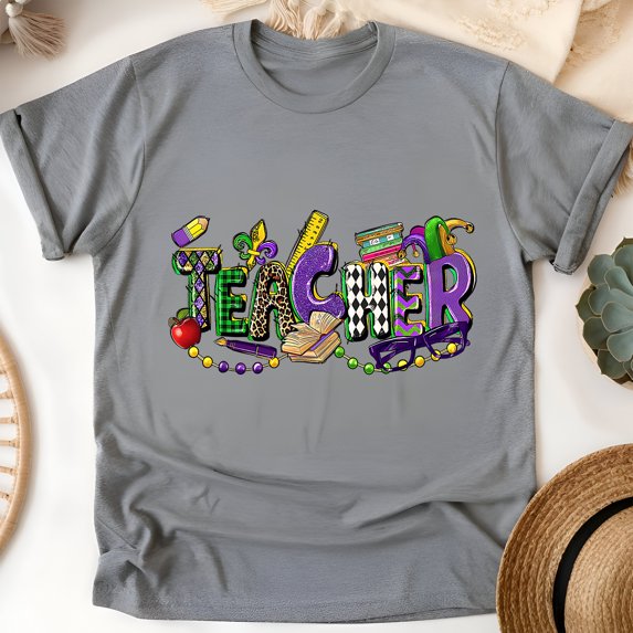 Teacher Mardi Gras Shirt | Purple Green Gold School Theme Teacher Tee , Graphite Heather, Size XL