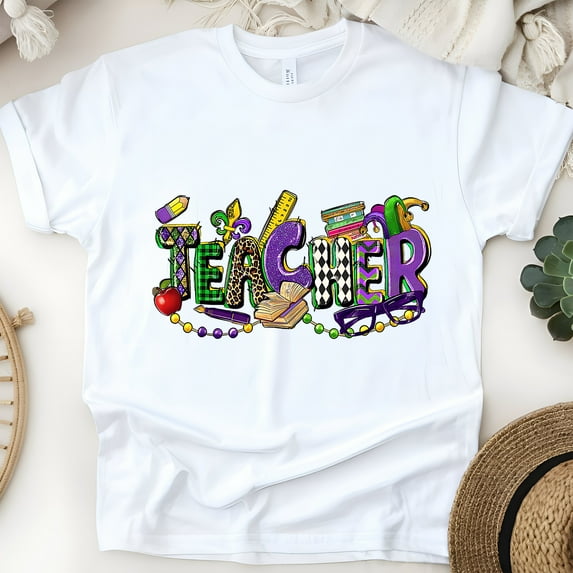 Teacher Mardi Gras Shirt | Purple Green Gold School Theme Teacher Tee , White, Size S