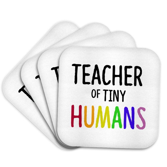 3drose, Teacher of Tiny Humans in Rainbow Letters, Set of 4 Coasters - Soft