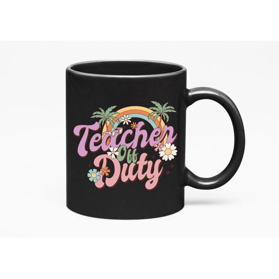 Teacher Off Duty, Retro Vacation or Summer Art Merch Gift, Black 11oz Ceramic Mug