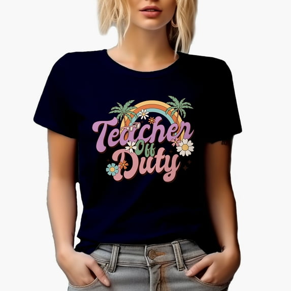 Teacher Off Duty, Retro Vacation or Summer Art Merch Gift, Navy Blue T-Shirt, Medium