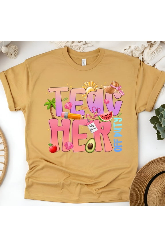 Teacher Off Duty Summer T-Shirt – Cute Vacation Graphic Tee for Teachers, Gold, Size M