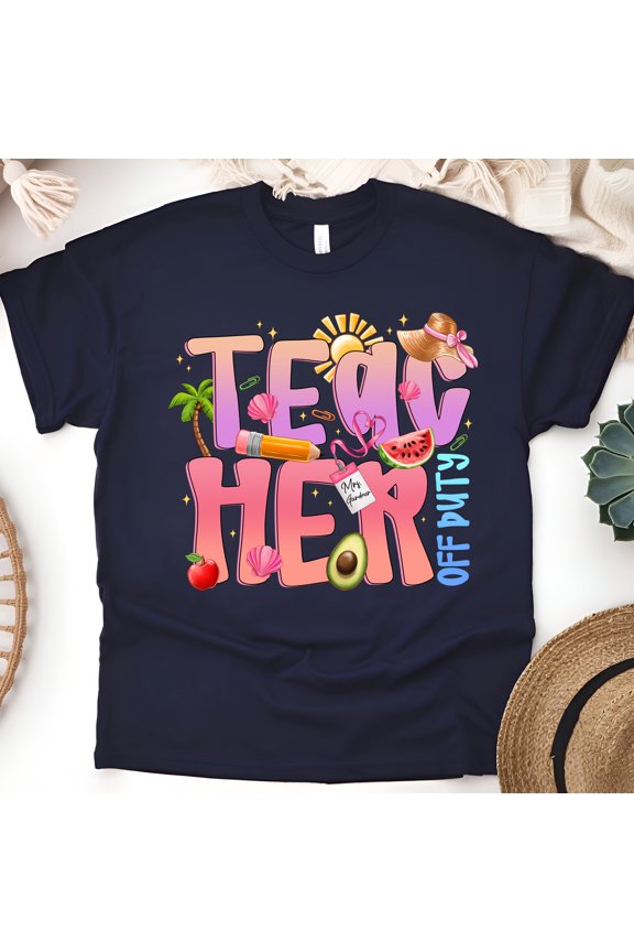 Teacher Off Duty Summer T-Shirt – Cute Vacation Graphic Tee for Teachers, Navy, Size M