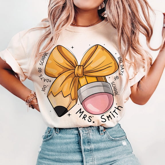 Teacher Pencil Coquette Bow Shirt, Custom Teacher Name, Back To School Shirt, 100 Days of School, Teacher Appreciation Gift Tee