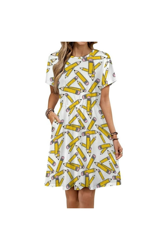Teacher Pencils Dress Fashion Beach Short Sleeve Dresses Female Party Printed Sundress
