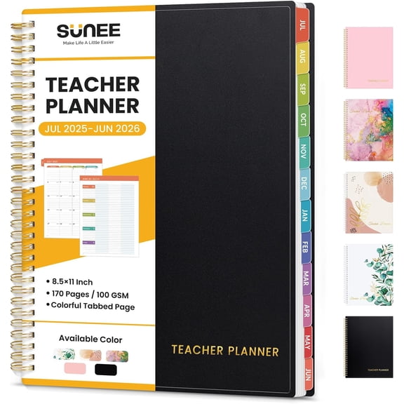 Teacher Planner for Academic Year 2026-2027, 8.5"x11" Lesson Organizer Book with Daily Weekly Monthly Calendar, 7 Periods, Pocket Folder and Color Tabs, Black