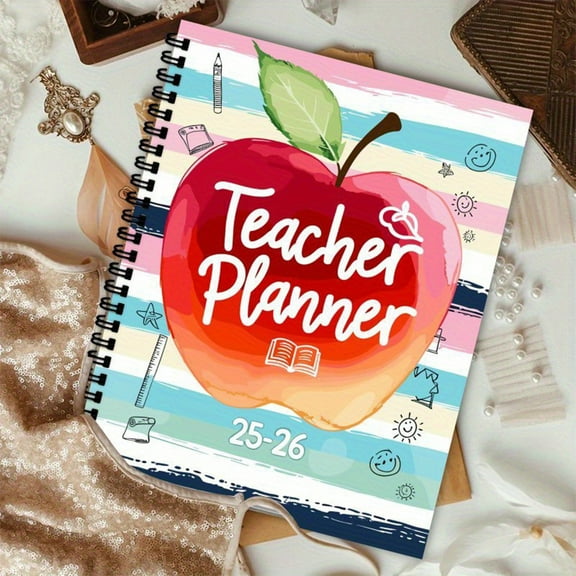 Teacher Planner , Red Apple Pattern Monthly Academic Organizer For K-12 Educators Classroom Lesson Planning Grade Tracking And Class Management A5 Size Durable Teacher Agenda Book