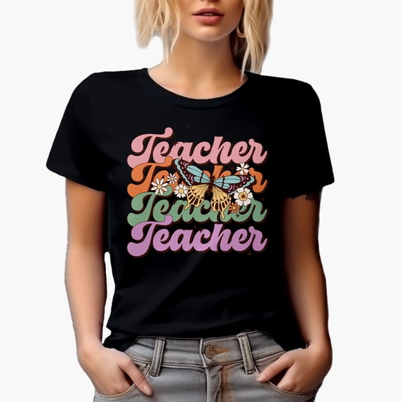 Teacher & Retro Butterfly & Flowers Art Merch Gift, Black T-Shirt, Small