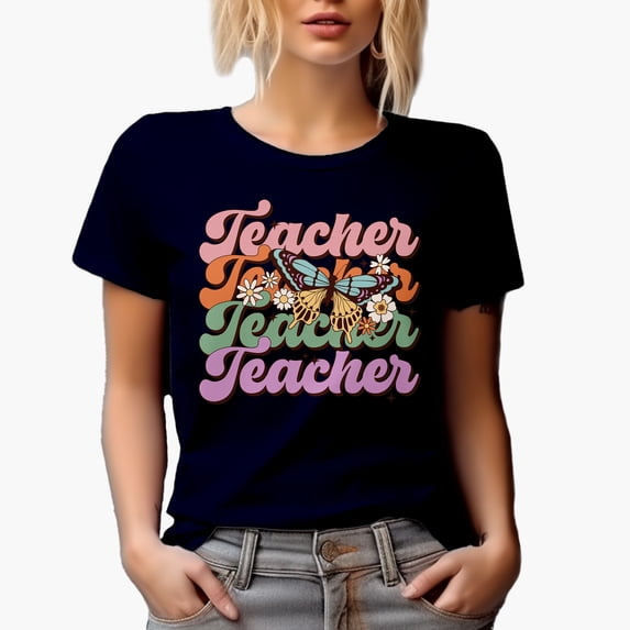 Teacher & Retro Butterfly & Flowers Art Merch Gift, Navy Blue T-Shirt, 3XL