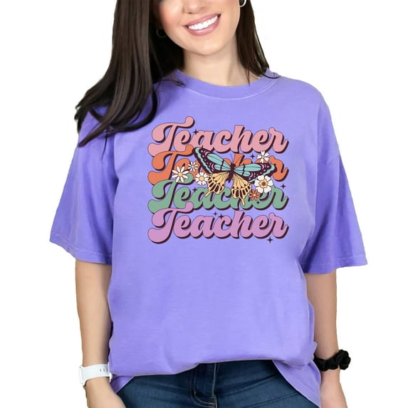 Teacher & Retro Butterfly & Flowers Art, Violet Comfort Colors T-Shirt, 3XL