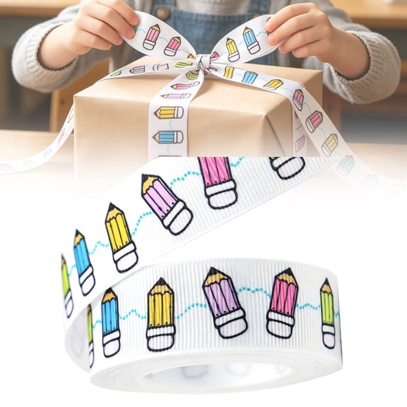 Teacher Ribbon for Crafts & Wrapping – ABC Pencil Ruler Printed Ribbon, 0.87in×5yd, Durable Polyester, DIY Students Decorations, Party Favors, Scrapbook, Gift Wrapping, G