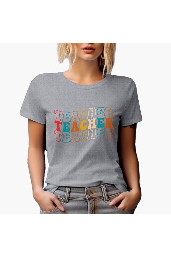 Teacher, School, Back-To-School or Teaching Profession Themed, Groovy Retro Wavy Text Merch Gift, Heather Grey T-Shirt, Medium