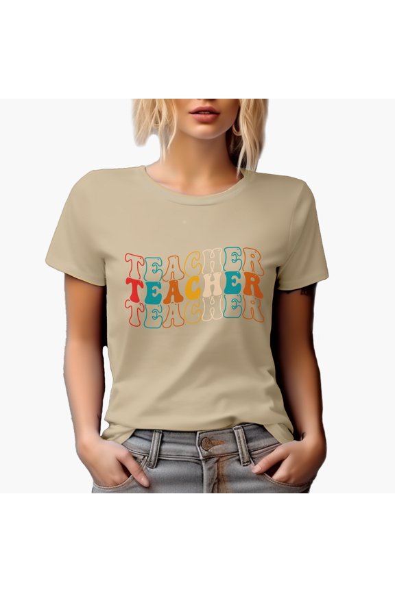 Teacher, School, Back-To-School or Teaching Profession Themed, Groovy Retro Wavy Text Merch Gift, Tan T-Shirt, Medium
