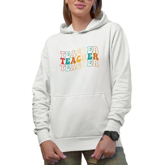 Teacher, School, Back-To-School or Teaching Profession Themed, Groovy Retro Wavy Text Merch Gift, White Hooded Sweatshirt or Hoodie, Medium