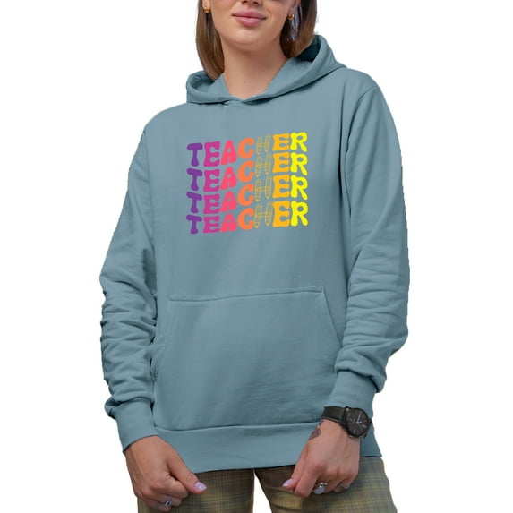 Teacher, School or Teaching Profession Themed, Groovy Retro Wavy Text Merch Gift, Light Blue Hooded Sweatshirt or Hoodie, Small