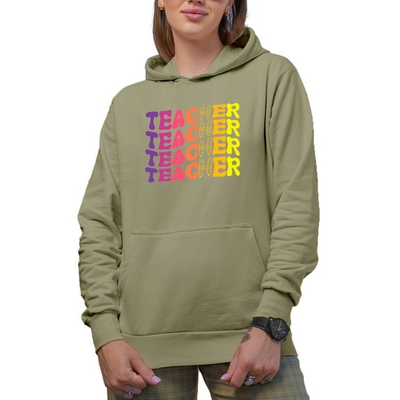 Teacher, School or Teaching Profession Themed, Groovy Retro Wavy Text Merch Gift, Sand Hooded Sweatshirt or Hoodie, 2XL