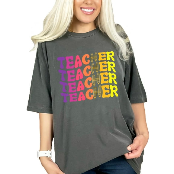 Teacher, School or Teaching Themed, Groovy Retro Wavy Text, Pepper Comfort Colors T-Shirt, Small