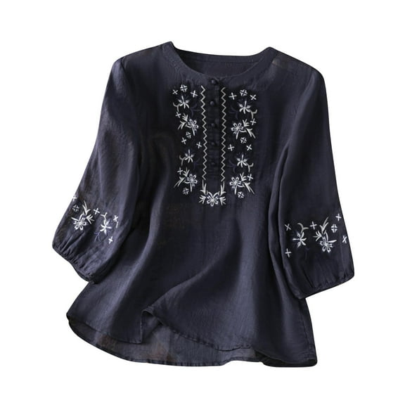 Teacher Shirts for Lady Women's Cotton Linen Blouse Button 3/4 Sleeve Shirts Summer Loose Crew Neck Casual Boho Tops Vintage Embroidered Flowy Blouse Tops Navy M