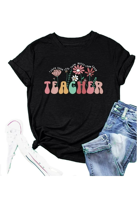 Teacher Shirts Women Flower Teacher Graphic Tee Back to School Teaching Tshirt Kindergarten Teachers Gift T-Shirt