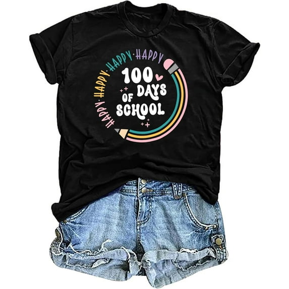 Teacher Shirts Women Happy 100 Days of School T-Shirt Teach Print Graphic Tshirt Teacher Gifts Tops Tee