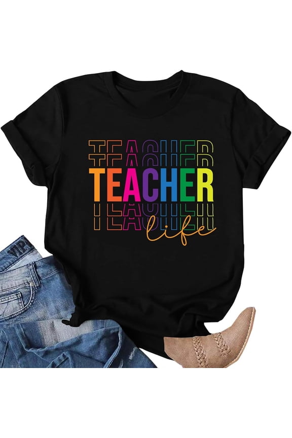 Teacher Shirts for Women Teach Print Graphic Tees Back to School Tees Tops