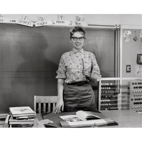 Teacher Smiling in a Classroom Poster Print - 18 x 24 in.