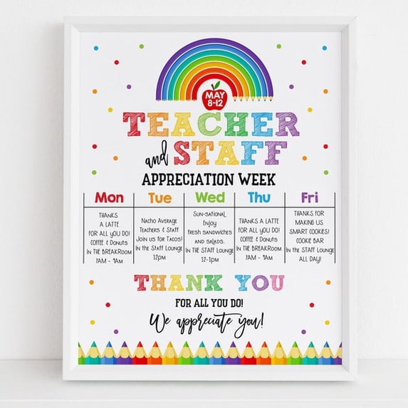 Teacher and Staff Appreciation Week Itinerary Poster Schedule Events Flyer Template Apple Rainbow Pencil School PTO PTA Sign EDITABLE HL43, Unframed Paper Poster 16x20in