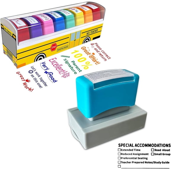 Teacher Stamp Set: 8 Self-Inking Motivational Grading Stamps in School Bus Tray & 1 Special Accommodations Checklist Stamp for SPED Modifications & IEP Documentation