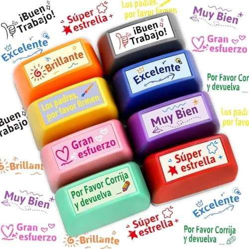 Teacher Stamp Spanish Self Inking Stamps for Classroom Motivational Grading Stamp Set for Kids School Homework Test Reward Supplies 8Pcs