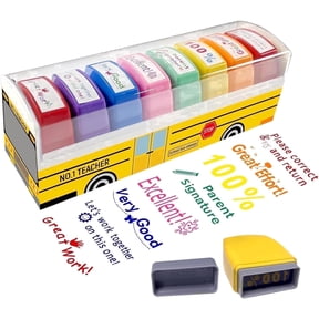 8 Pcs Teacher Stamps, Self Inking Motivational Grading Stamps with Tray for Classroom and Homeschool Supplies