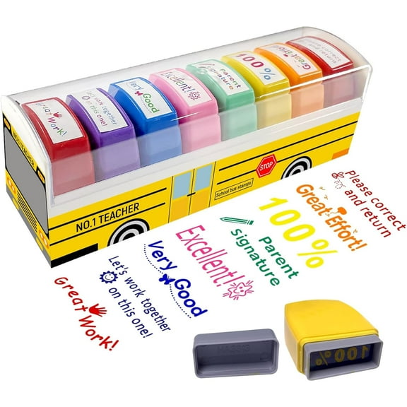 Teacher Stamps for Grading Classroom, Self-Inking Motivation School Grading Teacher Stamp Set with Tray for Teachers Gifts with Motivational Encouraging Messages Homeschool & Teacher Supplies (8 pcs)