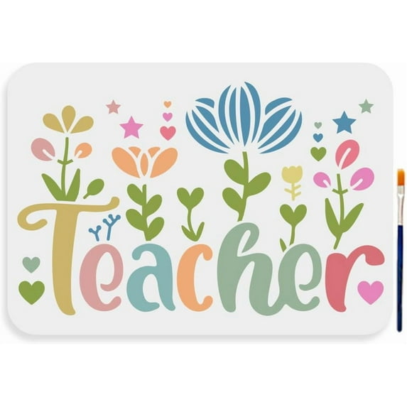 Teacher Stencil 11.7×8.3inch Large Happy Teacher's Day Stencil with Paint Brush Wildflower Teacher Template for Teacher Gift Decor DIY Craft Canvas Wall Wood 1bag