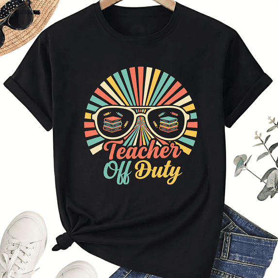 Teacher Summer Sunglasses T-Shirt for Women, 100% Cotton Crew Neck Short Sleeve Shirt, Retro Break Graphic