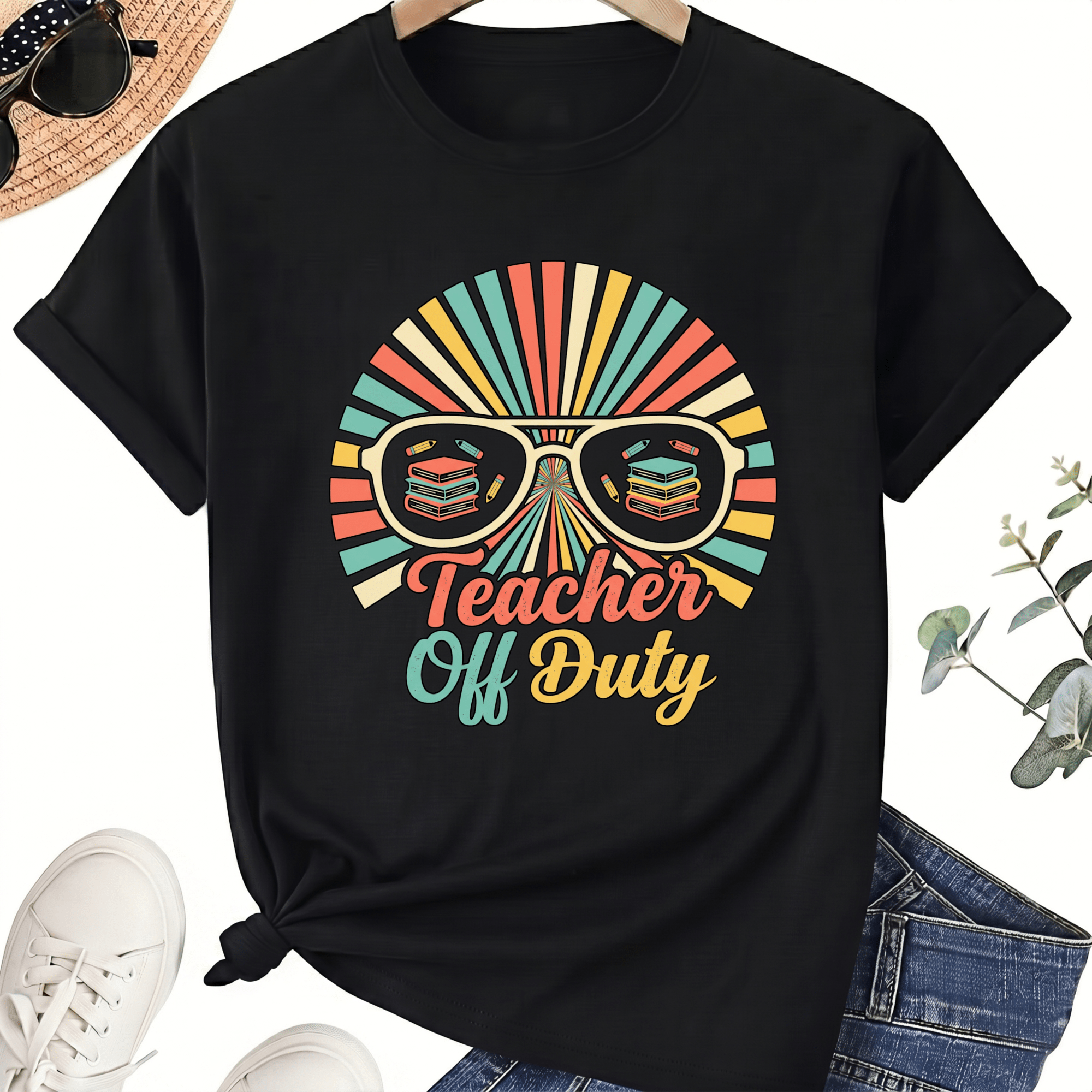 Teacher Summer Sunglasses T-Shirt for Women, 100% Cotton Crew Neck Short Sleeve Shirt, Retro Break Graphic