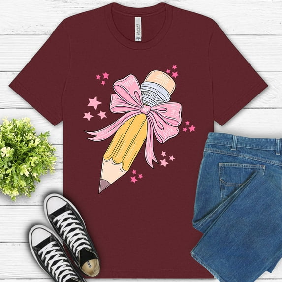 Teacher Supply Ribbon Shirt – Girly Yellow Pink Classroom Theme Tee , Maroon, L