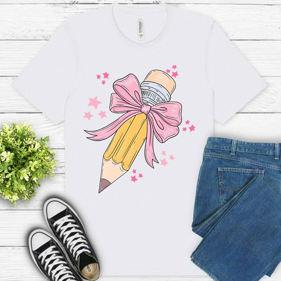 Teacher Supply Ribbon Shirt – Girly Yellow Pink Classroom Theme Tee , White, M