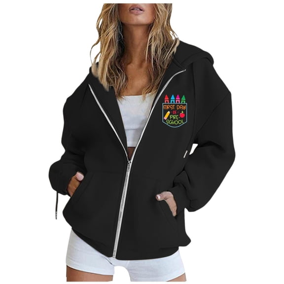 Teacher Sweathirts for Women Oversized Zip Up First Day of School Print Tops 2025 Lightweight Y2k Trendy Shirts with Pocket