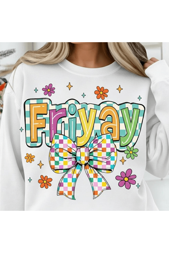Teacher Sweatshirt Friyay Retro Checkered Bow Classroom Graphic Design