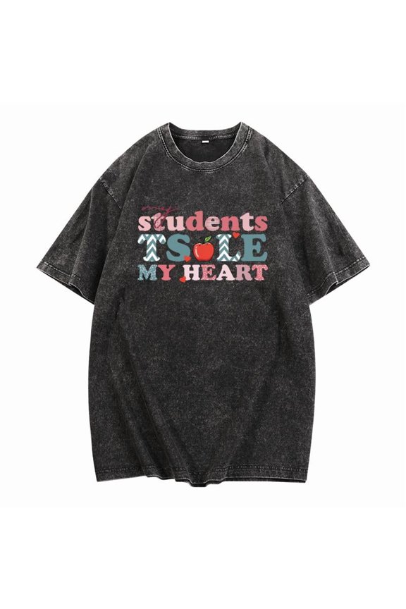 Teacher T Shirt - 'Students Stole My Heart' Graphic Tee, Vintage Washed Apple Design Tops, Distressed Comfortable Cotton Educator Shirt, Size S-XXL
