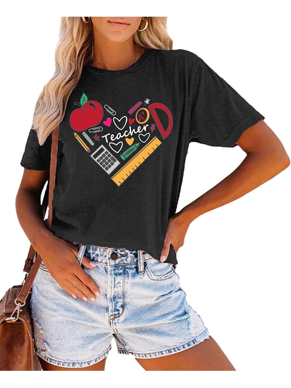 Teacher T Shirt for Women Funny Teaching Heart Graphic Tee Tops Teacher Day Gift Shirts