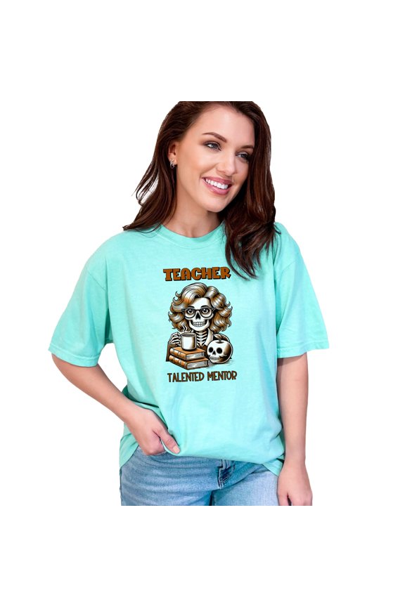 Teacher Talented Mentor T-Shirt, Unique Teacher Gift, Fun Skeleton Design Top, Books Coffee Apple Skeleton Tee, Chalky Mint Comfort Colors T-Shirt, Small