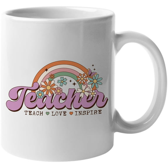 Teacher, Teach, Love, Inspire with Retro Flowers & Rainbow Art Merch Gift, White 11oz Ceramic Mug