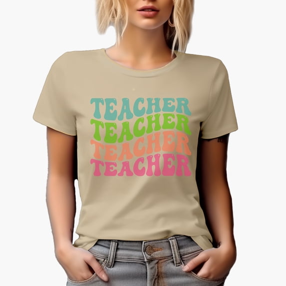 Teacher, Teaching Profession or School Themed, Groovy Retro Wavy Text Merch Gift, Tan T-Shirt, 2XL