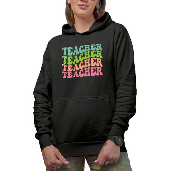 Teacher, Teaching or School Themed, Groovy Retro Wavy Text Merch Gift, Black Hooded Sweatshirt or Hoodie, Small