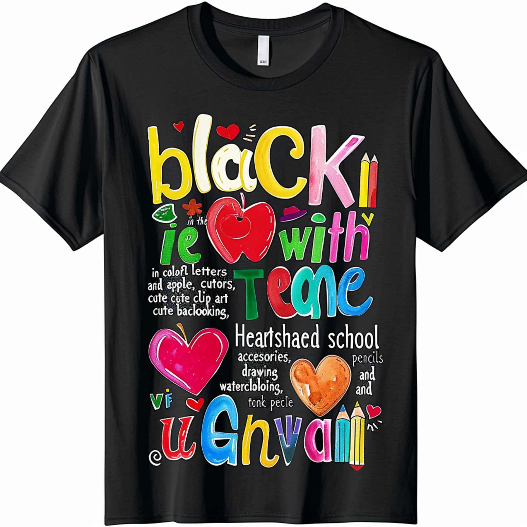 Teacher Theme Black TShirt with Colorful Text & Cute Clip Art Perfect