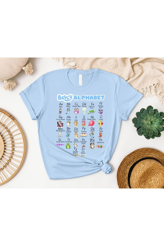 Teacher Themed Alphabet Bluey T-shirt, Kindergarten Educational Shirt, Back to school, Learn ABC Teacher, Bluey Bingo Muffin Friends