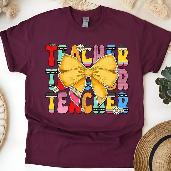 Teacher To Teacher Shirt – Retro Yellow Bow Teacher Gift Tee, Maroon, Size S
