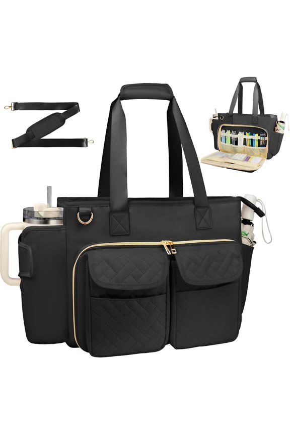 Teacher Tote Bag with 15.6 Inch Laptop Compartment, Soft Nylon Teacher Utility Bag with Multiple Pocket& Strap, Large Work Tote Bag for Office& Teacher Supplies Organizer Women (Black)