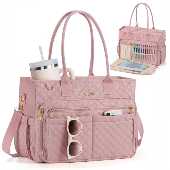 Teacher Tote Bag 15.6 inch Laptop Bag for Women, Work Bags Nurse Bible Bag Quilted Lightweight Laptop Tote Computer Briefcase for School Travel Office College, Pink