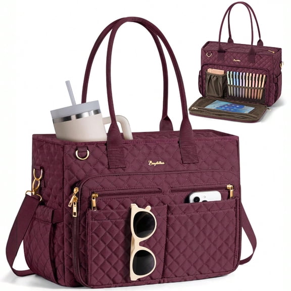Teacher Tote Bag 15.6 inch Laptop Bag for Women, Work Bags Nurse Bible Bag Quilted Lightweight Laptop Tote Computer Briefcase for School Travel Office College, Burgundy